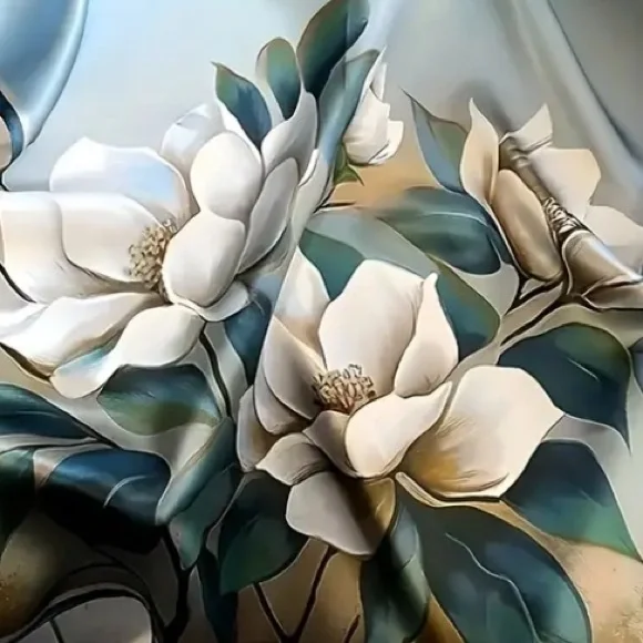 Elegant Multicolor Scarf w/ Large Magnolia Tree Flowers - Picture 3 of 13